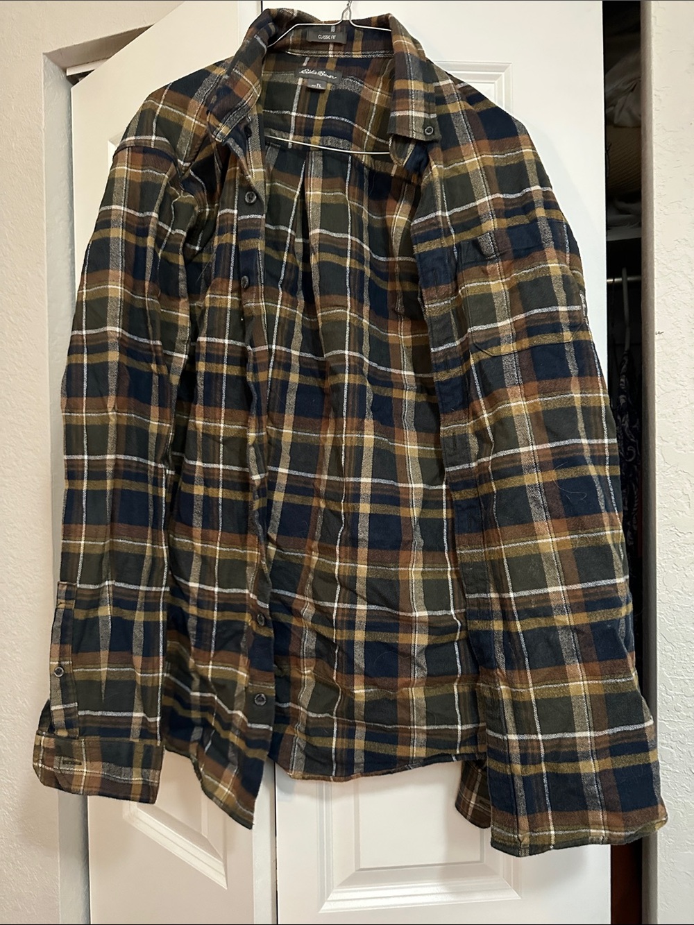 Eddie Bauer Plaid Button-Down Shirt in Olive, Navy & Brown